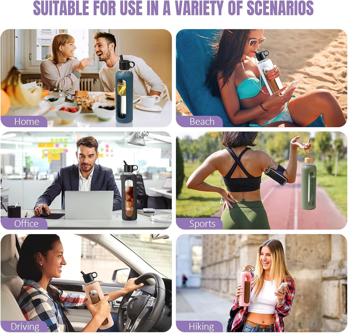 32oz Glass Water Bottle with 2 Lids, Silicone Sleeve, Time Marker, Cold Drink Juice Bottle - Purple