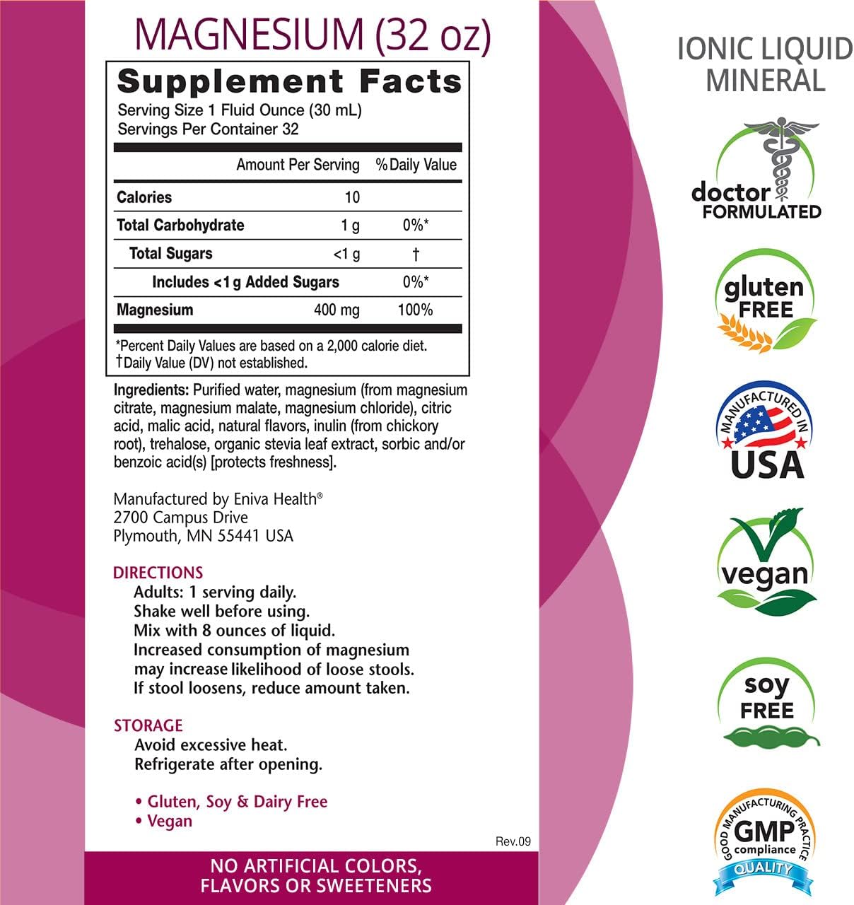 32oz Liquid Ionic Magnesium Supplement for Digestive Health, Muscle Energy & Bones - Doctor Formulated, Zero Calories & Sugar - Eniva Health