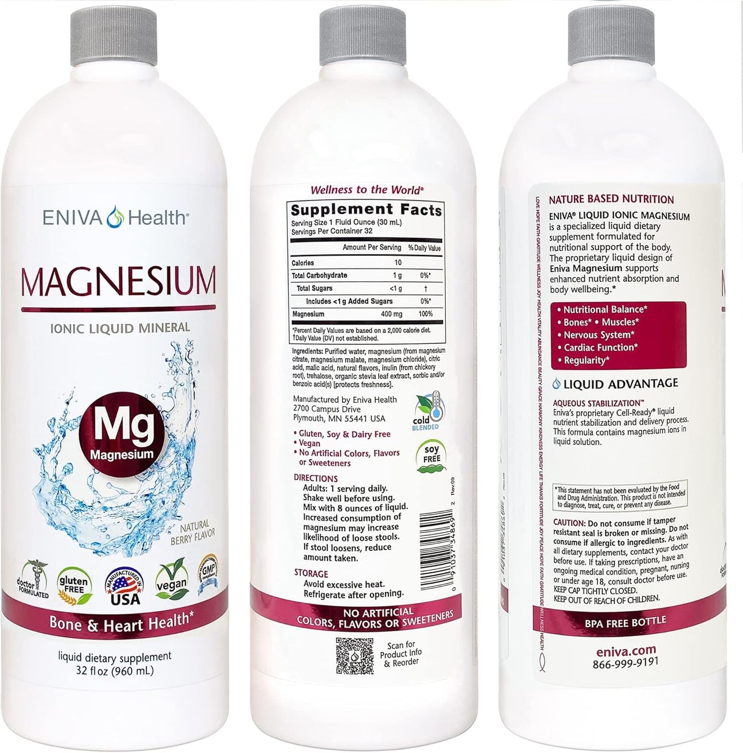 32oz Liquid Ionic Magnesium Supplement for Digestive Health, Muscle Energy & Bones - Doctor Formulated, Zero Calories & Sugar - Eniva Health