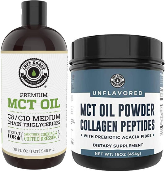 32oz Premium MCT Oil and 16oz Unflavored MCT + Collagen Powder Combo by Left Coast Performance