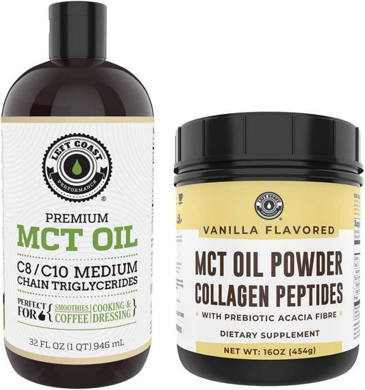 32oz Premium MCT Oil and 16oz Vanilla MCT + Collagen Powder Bundle by Left Coast Performance
