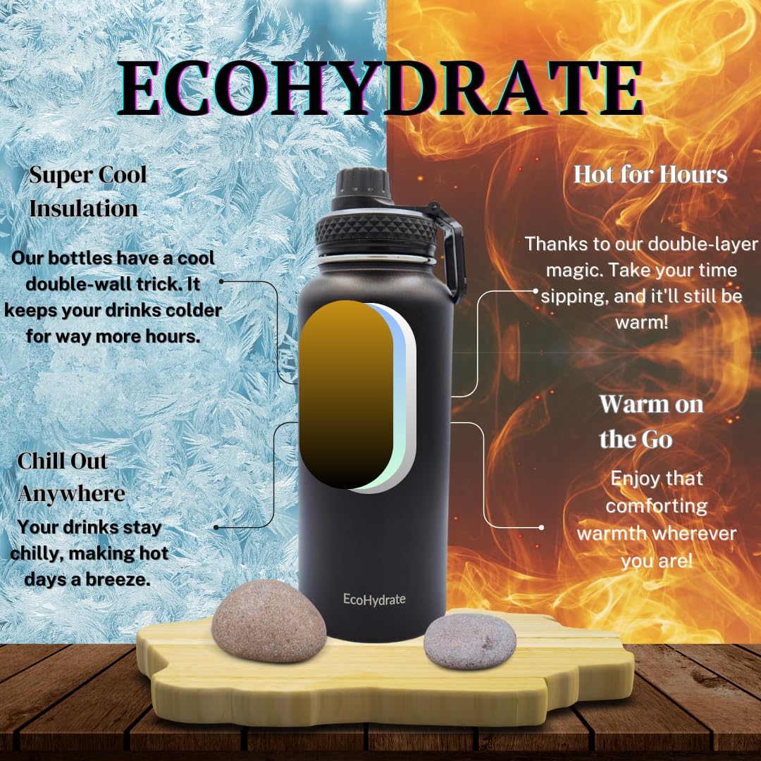 32oz Stainless Steel EcoHydrate Sports Water Bottle with Isolated Thermo Technology for Gym and Sports - Black Color