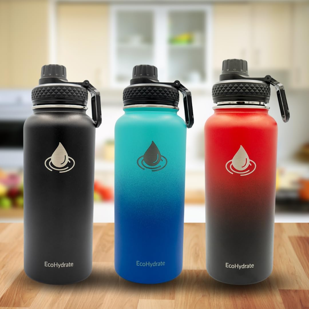 32oz Stainless Steel EcoHydrate Sports Water Bottle with Isolated Thermo Technology for Gym and Sports - Black Color
