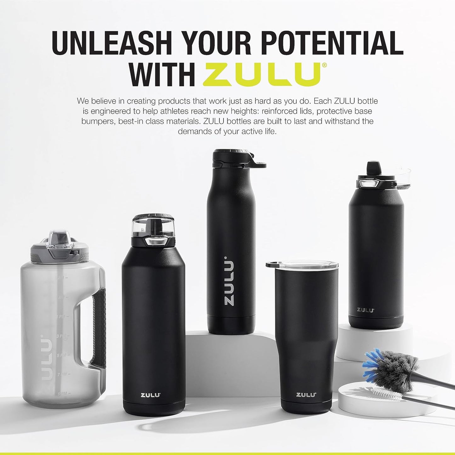 32oz Stainless Steel Water Bottle with 3 Lids - ZULU Base | Double Walled Vacuum Insulated Thermos - Gym & Outdoor Use | Dishwasher Safe & Built-in Carry Loop - Black