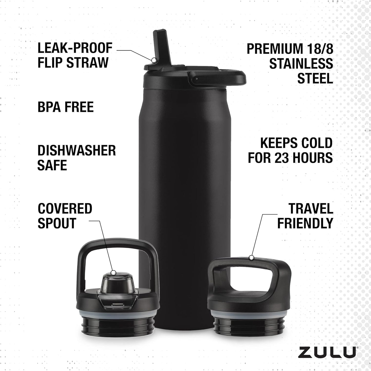 32oz Stainless Steel Water Bottle with 3 Lids - ZULU Base | Double Walled Vacuum Insulated Thermos - Gym & Outdoor Use | Dishwasher Safe & Built-in Carry Loop - Black
