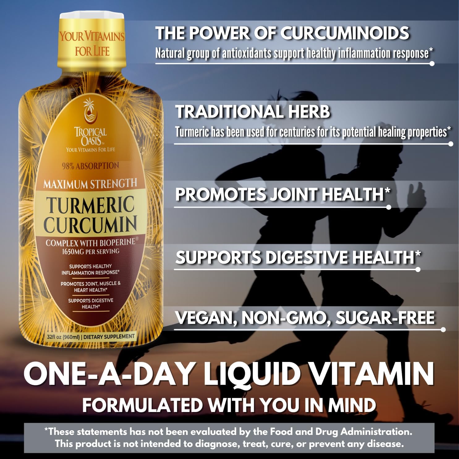 32oz Tropical Oasis Liquid Turmeric Curcumin with Bioperine - High Absorption Rate - 1650mg Turmeric Supplement
