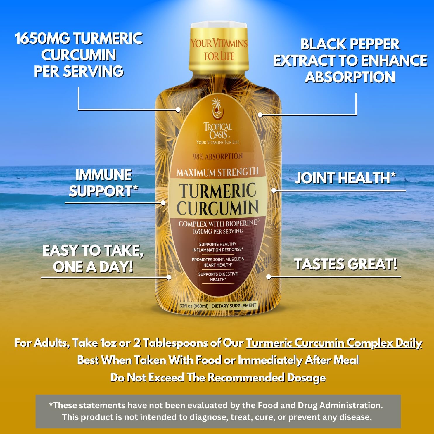32oz Tropical Oasis Liquid Turmeric Curcumin with Bioperine - High Absorption Rate - 1650mg Turmeric Supplement