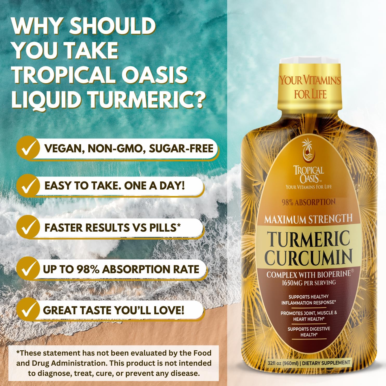 32oz Tropical Oasis Liquid Turmeric Curcumin with Bioperine - High Absorption Rate - 1650mg Turmeric Supplement