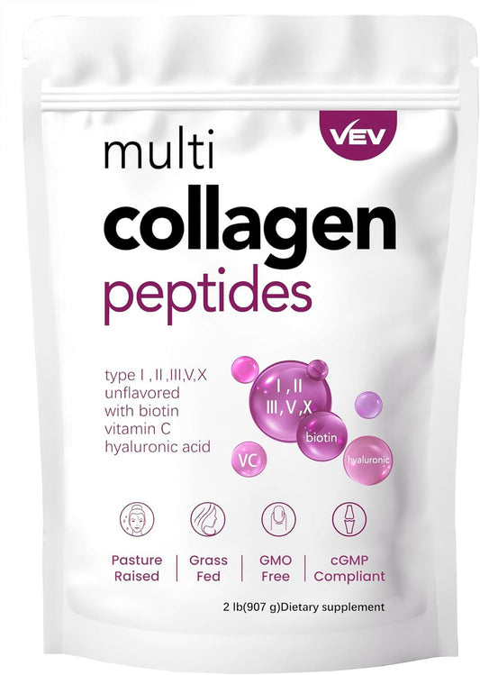 32oz VEV Multi Collagen Peptides Powder - Unflavored Hydrolyzed Collagen with Vitamin C, Hyaluronic Acid, Biotin for Skin, Hair, Joints - 82 Servings