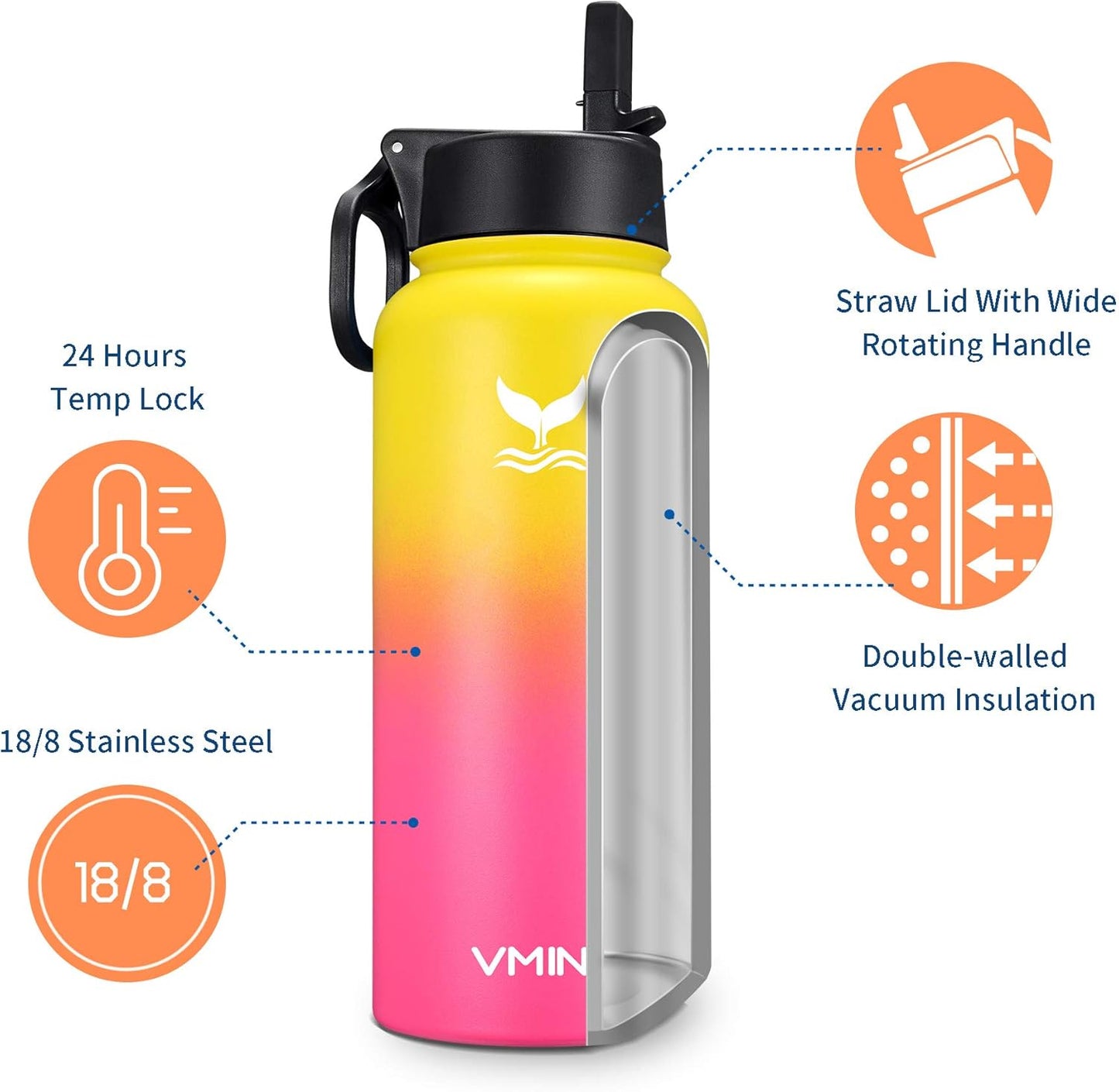 32oz Vmini Water Bottle with Wide Handle Straw Lid, Vacuum Insulated Stainless Steel - Gradient Yellow + Pink