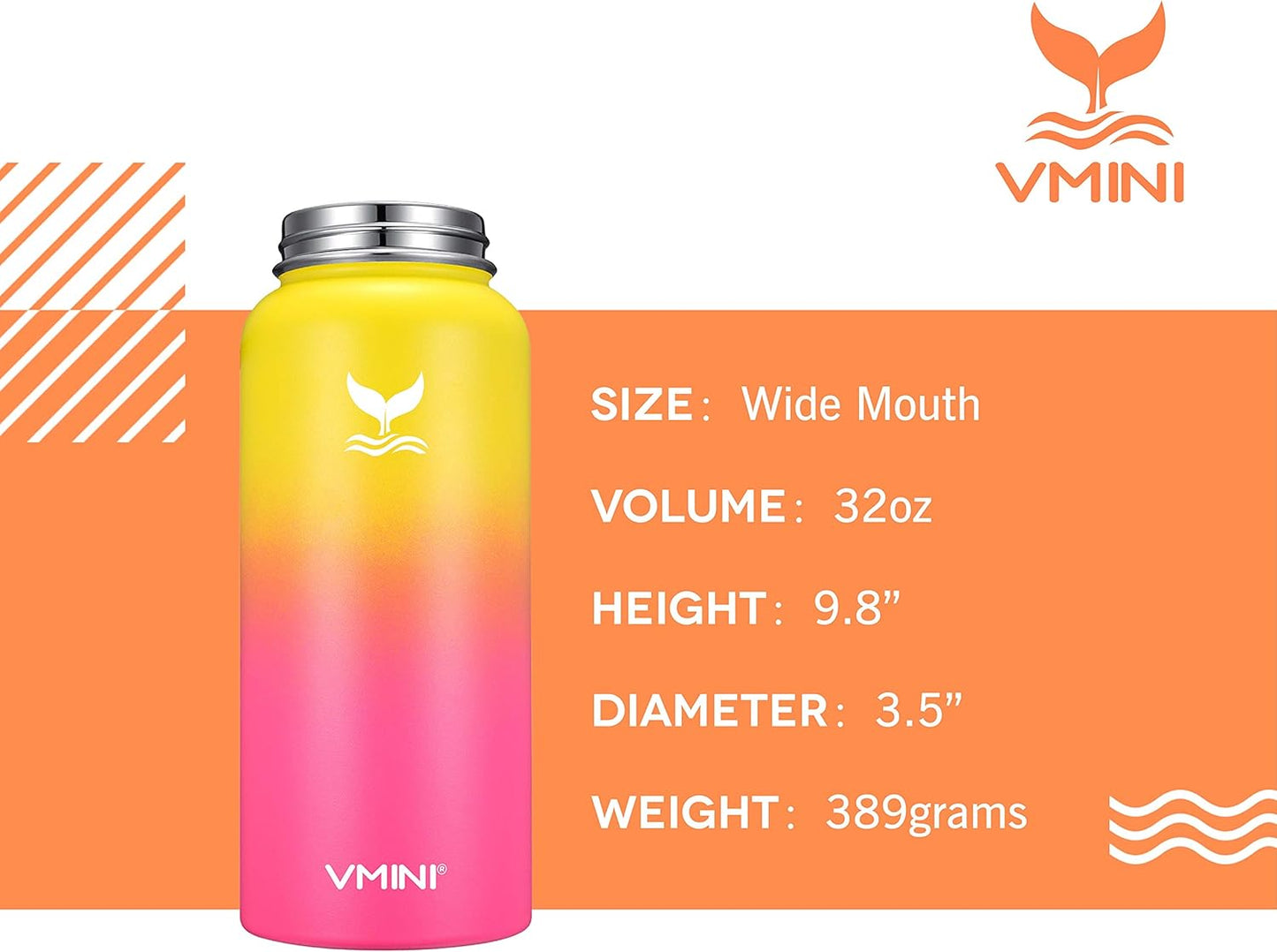 32oz Vmini Water Bottle with Wide Handle Straw Lid, Vacuum Insulated Stainless Steel - Gradient Yellow + Pink