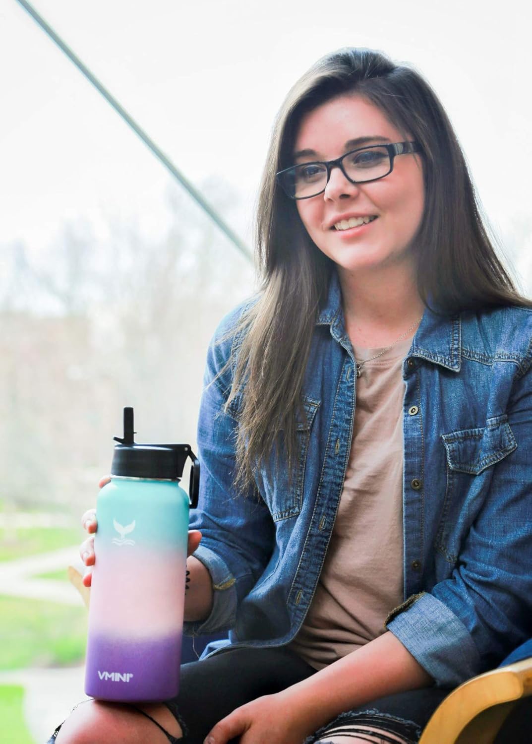 32oz Vmini Water Bottle with Wide Handle Straw Lid, Vacuum Insulated Stainless Steel - Gradient Yellow + Pink