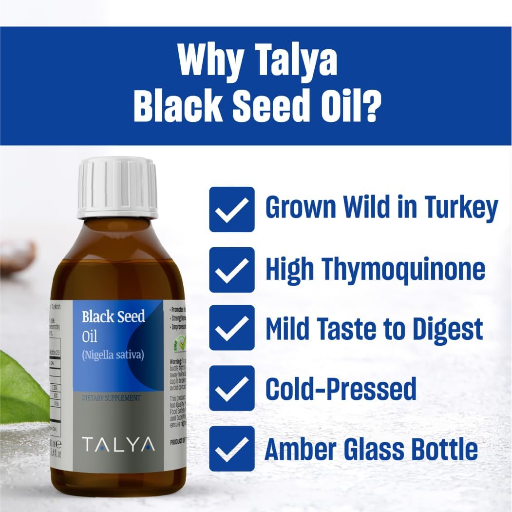 3.4 fl. oz TALYA Liquid Black Seed Oil - High Thymoquinone Dietary Supplement for Immune Support - Cold Pressed Turkish Black Seed Oil - Non-GMO