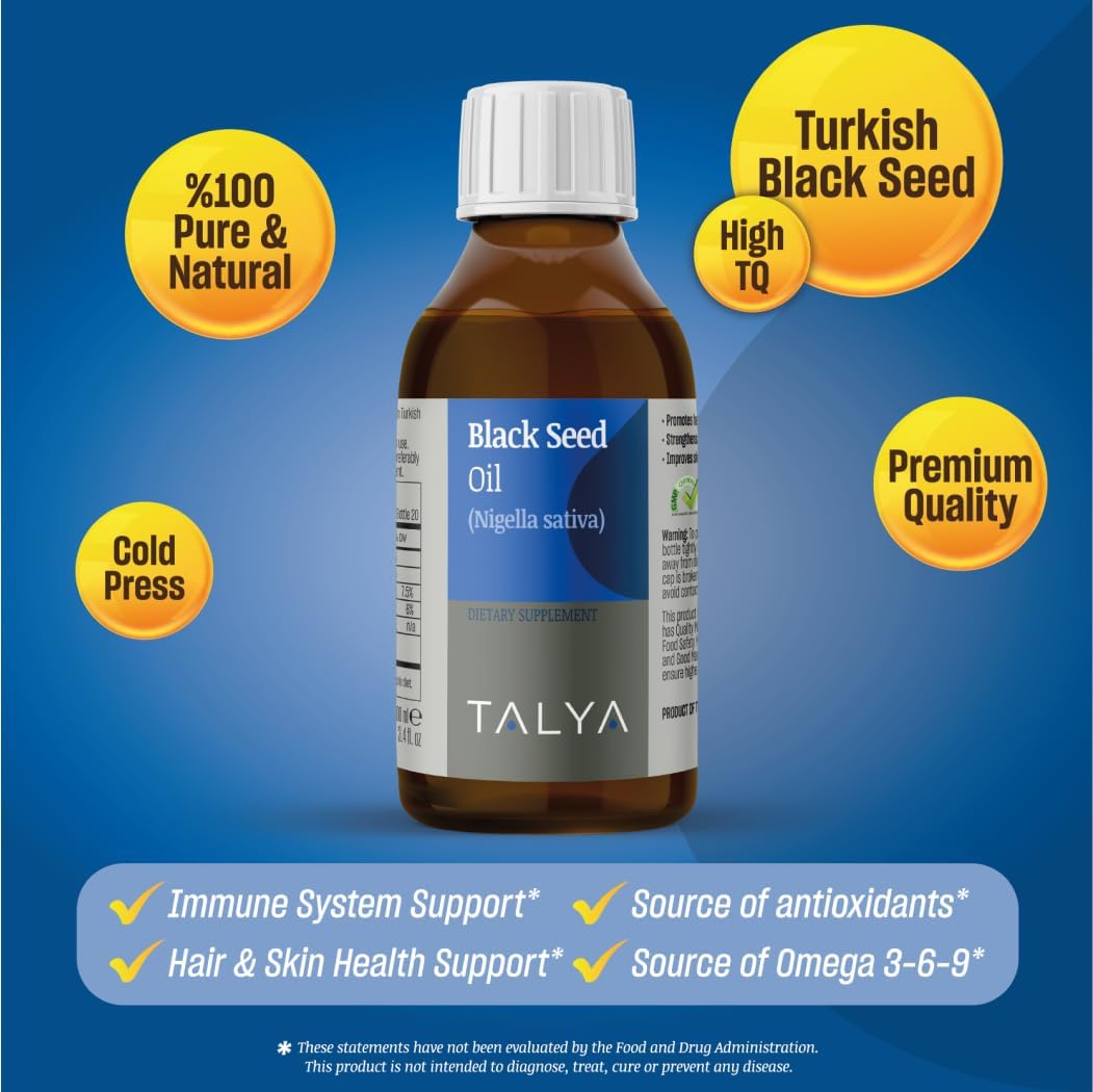 3.4 fl. oz TALYA Liquid Black Seed Oil - High Thymoquinone Dietary Supplement for Immune Support - Cold Pressed Turkish Black Seed Oil - Non-GMO