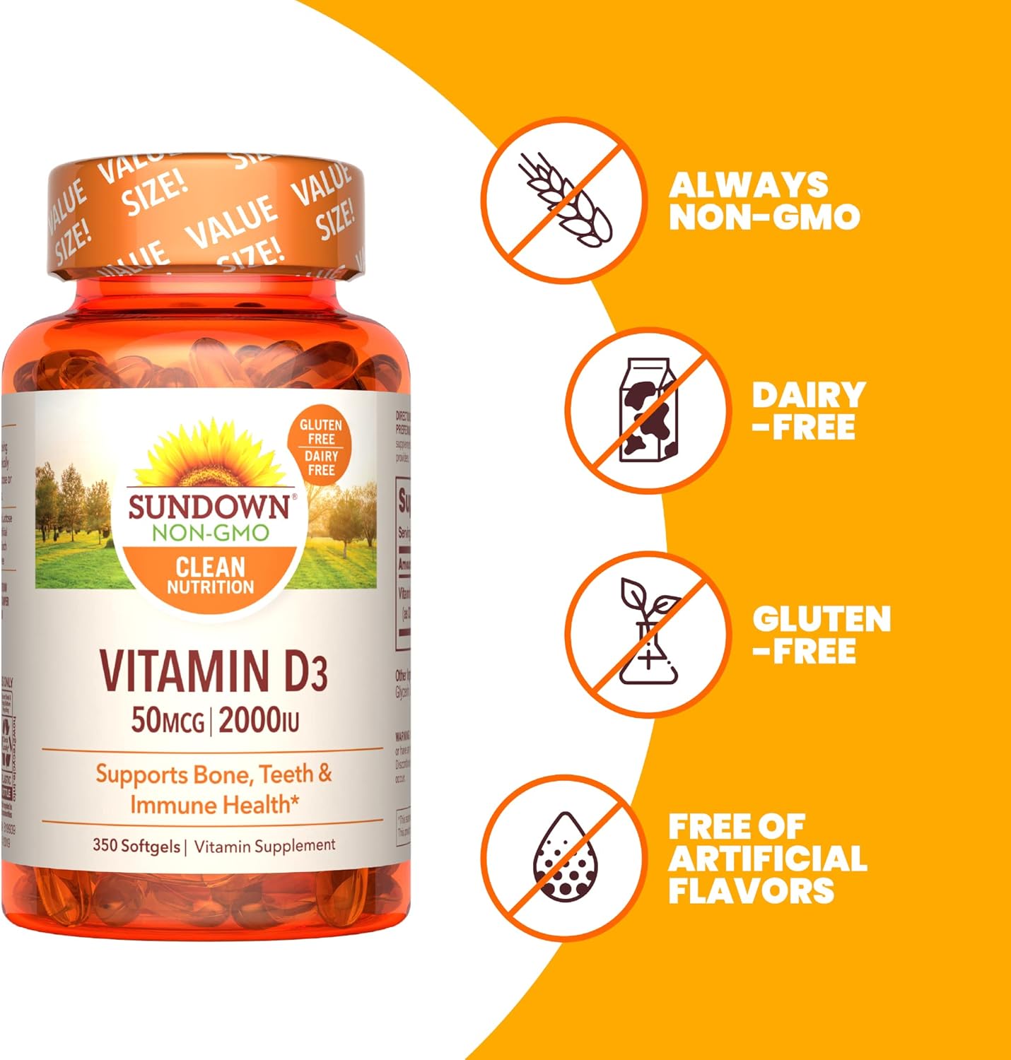350 Count Sundown Vitamin D3 2000 IU Softgels for Bone, Teeth, and Immune Health