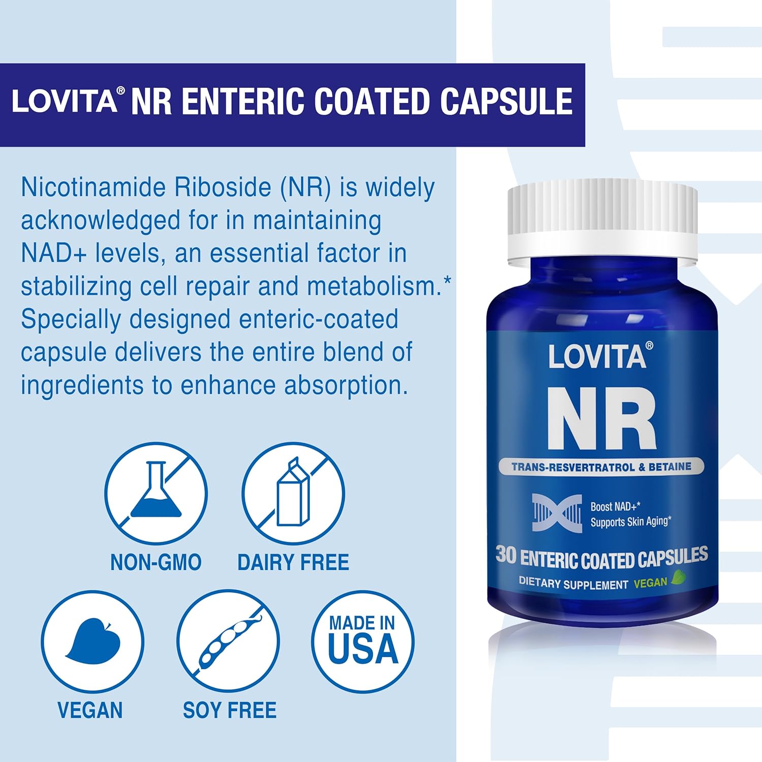 350 mg Lovita NR NAD Supplement with Trans-Resveratrol and Betaine, Boost NAD Plus Levels for Healthy Aging - 30 Vegan Capsules - BoostGo Australia