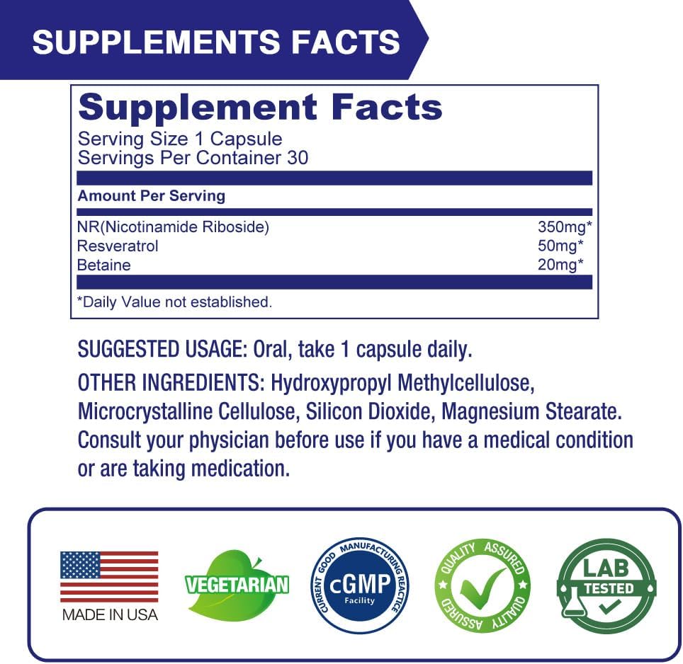 350 mg Lovita NR NAD Supplement with Trans-Resveratrol, Betaine - Boost NAD Plus Levels, Anti-Aging Support - 90 Vegan Capsules - BoostGo Australia