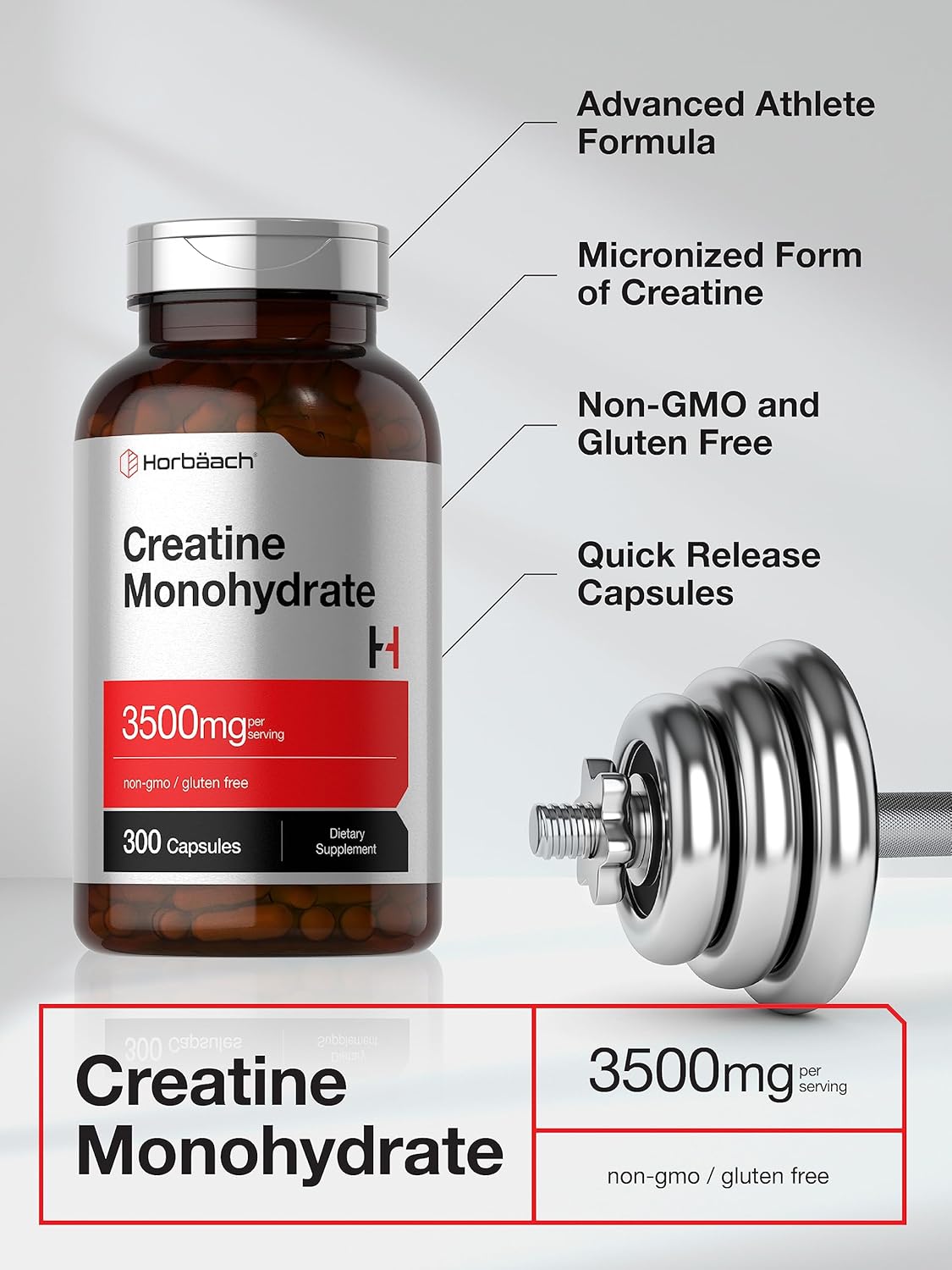 3500mg Creatine Monohydrate Capsules - 300 Count | Non-GMO & Gluten Free Formula by Horbäach