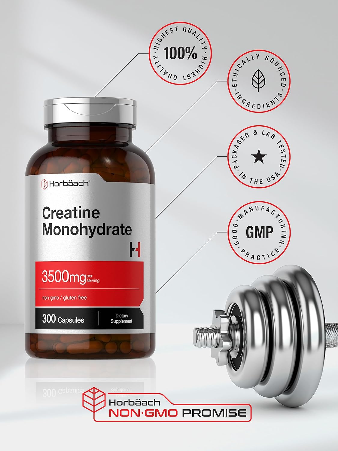 3500mg Creatine Monohydrate Capsules - 300 Count | Non-GMO & Gluten Free Formula by Horbäach