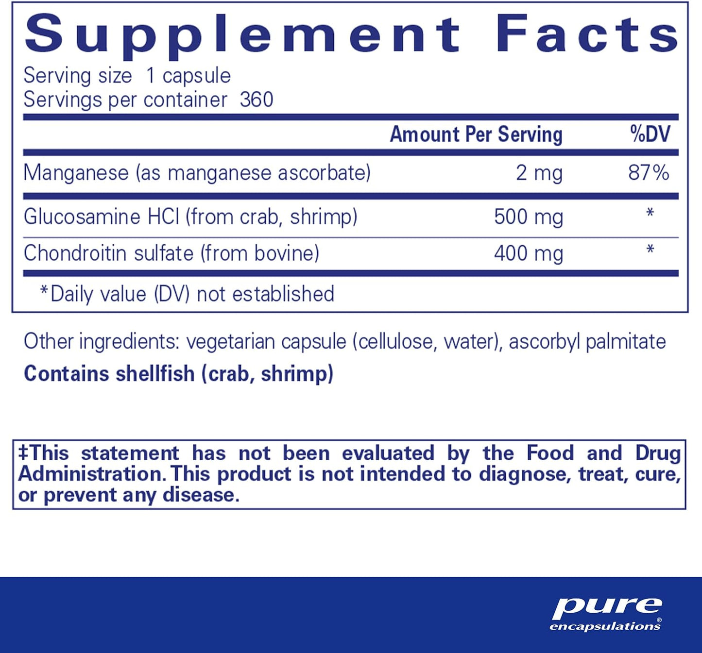 360 Capsules Pure Encapsulations Glucosamine Chondroitin with Manganese for Joint Health and Mobility