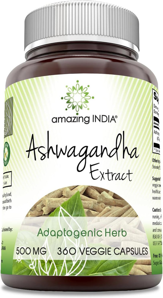 360 Count Ashwagandha Extract 500mg Veggie Capsules Supplement from India | Non-GMO & Gluten Free