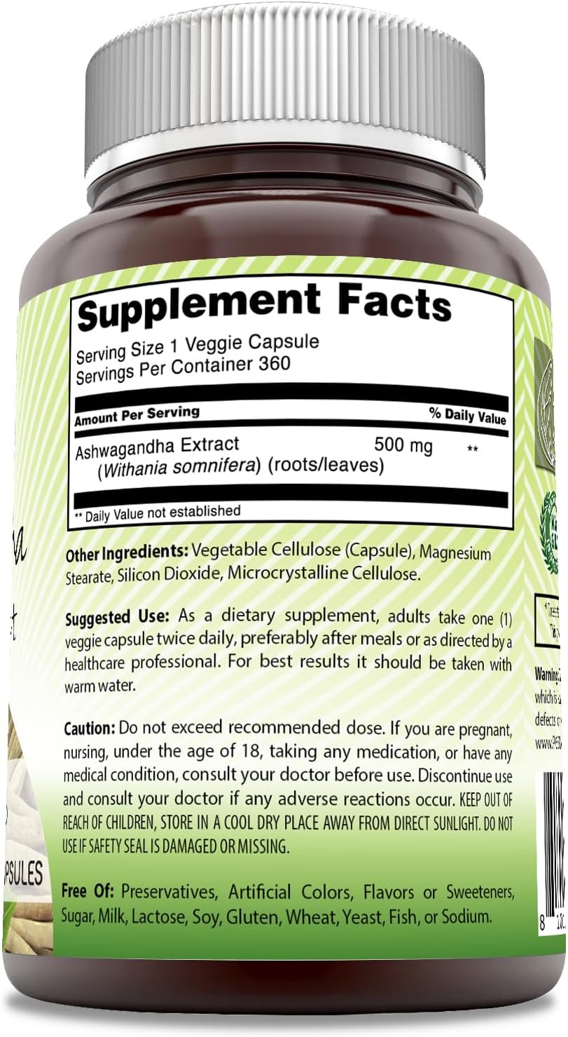 360 Count Ashwagandha Extract 500mg Veggie Capsules Supplement from India | Non-GMO & Gluten Free