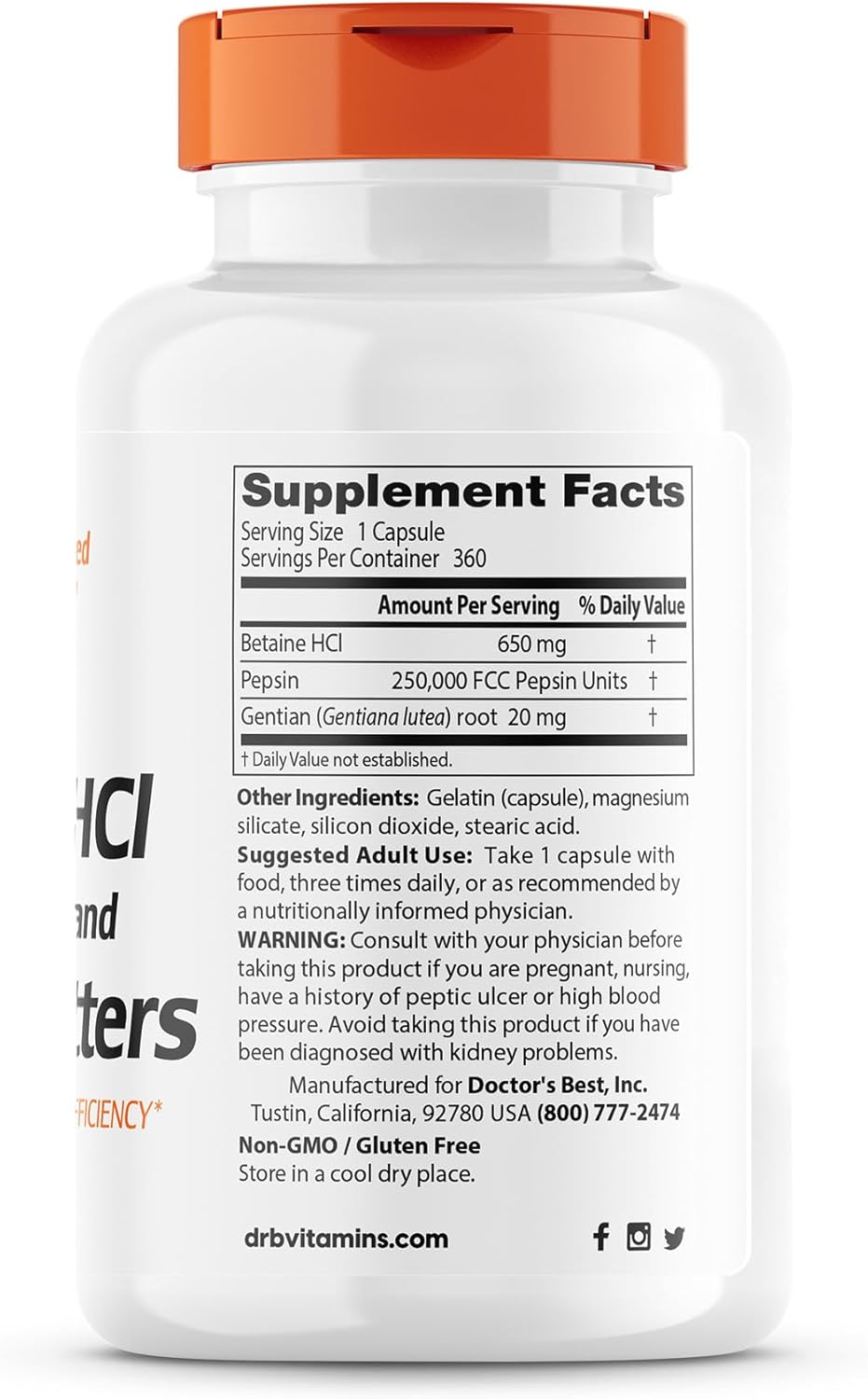 360 Count Doctor's Best Betaine HCI Pepsin & Gentian Bitters: Digestive Enzymes for Protein Absorption, Non-GMO & Gluten Free