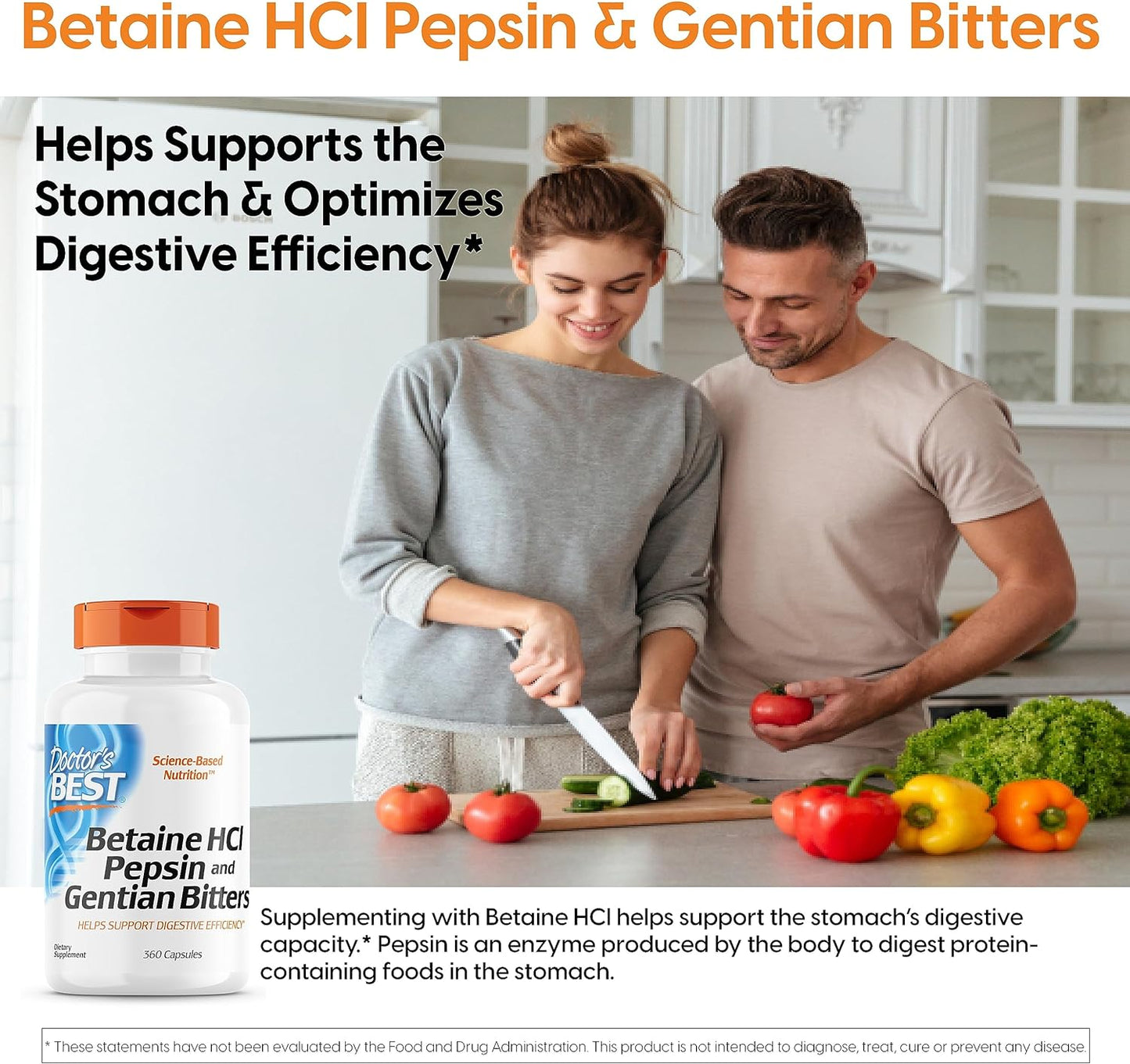 360 Count Doctor's Best Betaine HCI Pepsin & Gentian Bitters: Digestive Enzymes for Protein Absorption, Non-GMO & Gluten Free