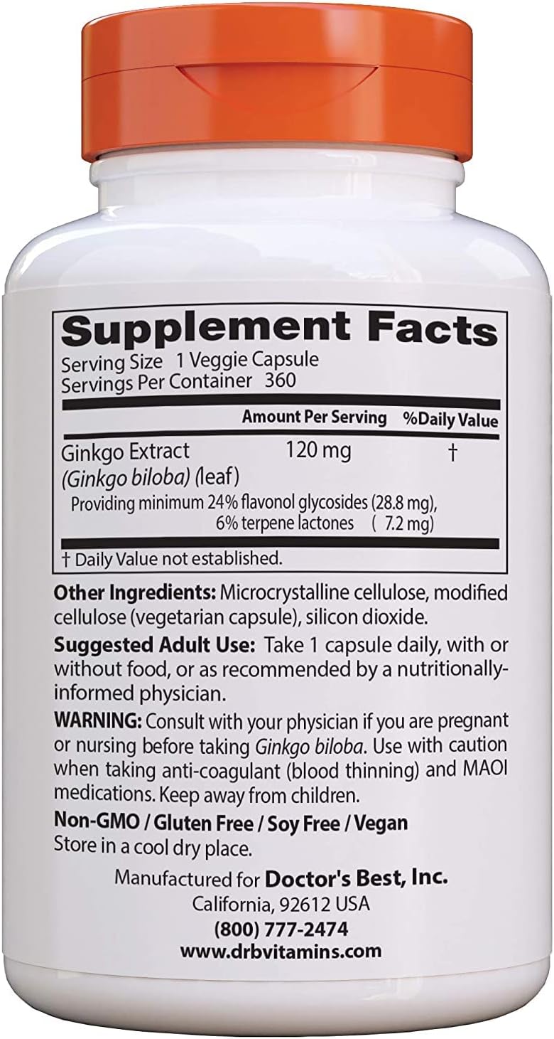 360 Count Doctor's Best Extra Strength Ginkgo Capsules - Non-GMO, Vegan, Gluten Free - Supports Mental Function and Memory - 120 mg