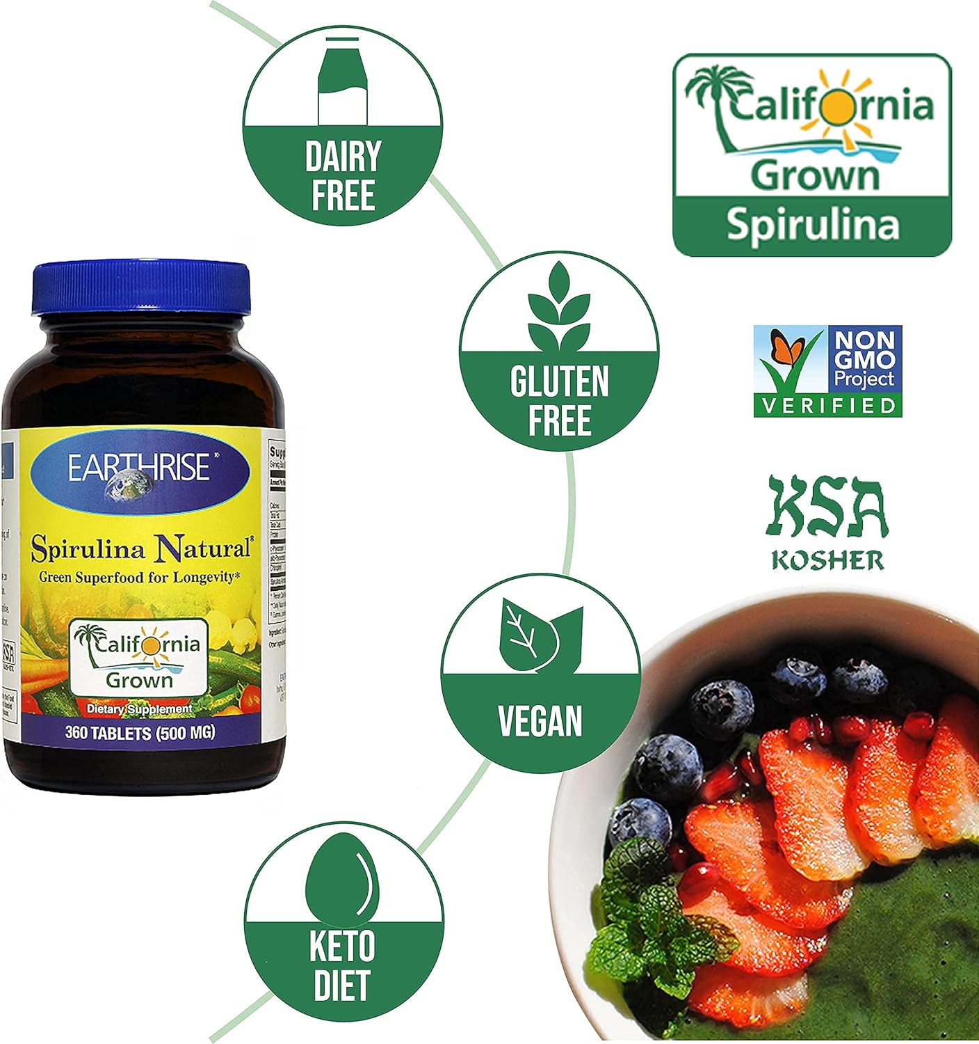 360 Count Earthrise Spirulina Natural 500mg Tablets: Premium California Spirulina- Vegan, Gluten Free, Keto Friendly, Non-GMO Superfood Rich in Vitamins & Minerals