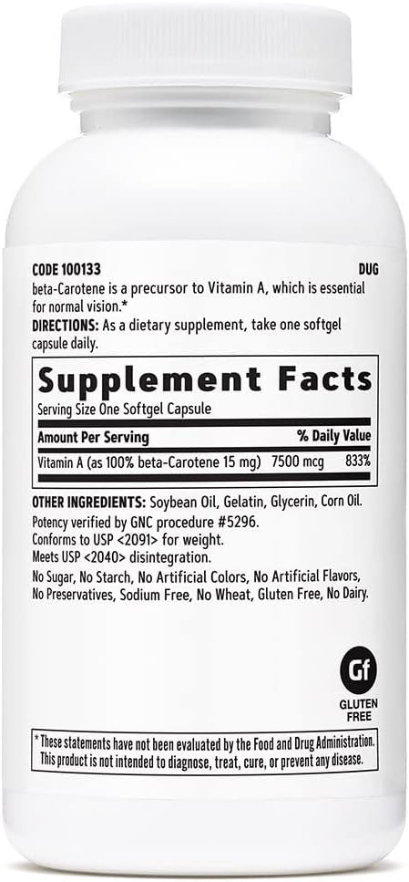 360 Count GNC Beta-Carotene 15mg Capsules for Healthy Vision and Vitamin A Support