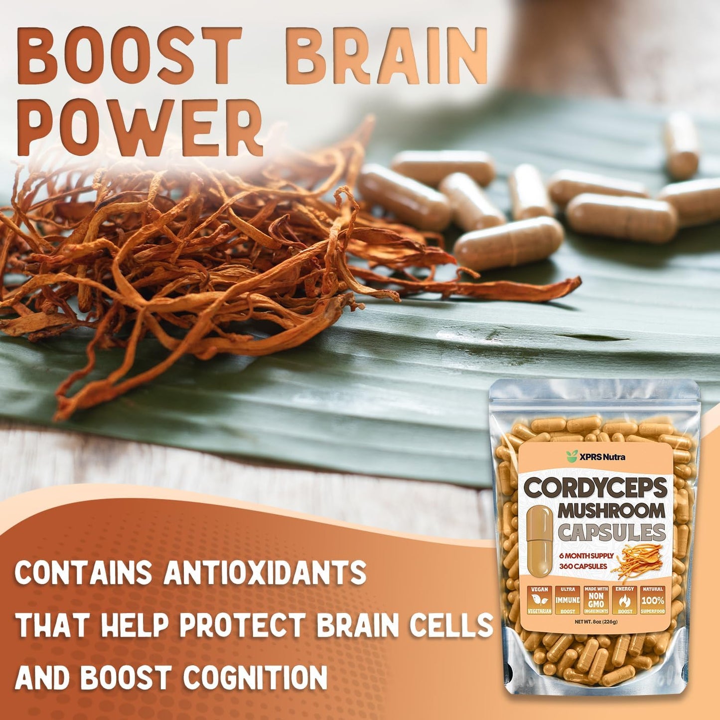 360 Count XPRS Nutra Cordyceps Mushroom Powder Capsules - 180 Day Supply - Premium Stamina and Performance Support - BoostGo Australia