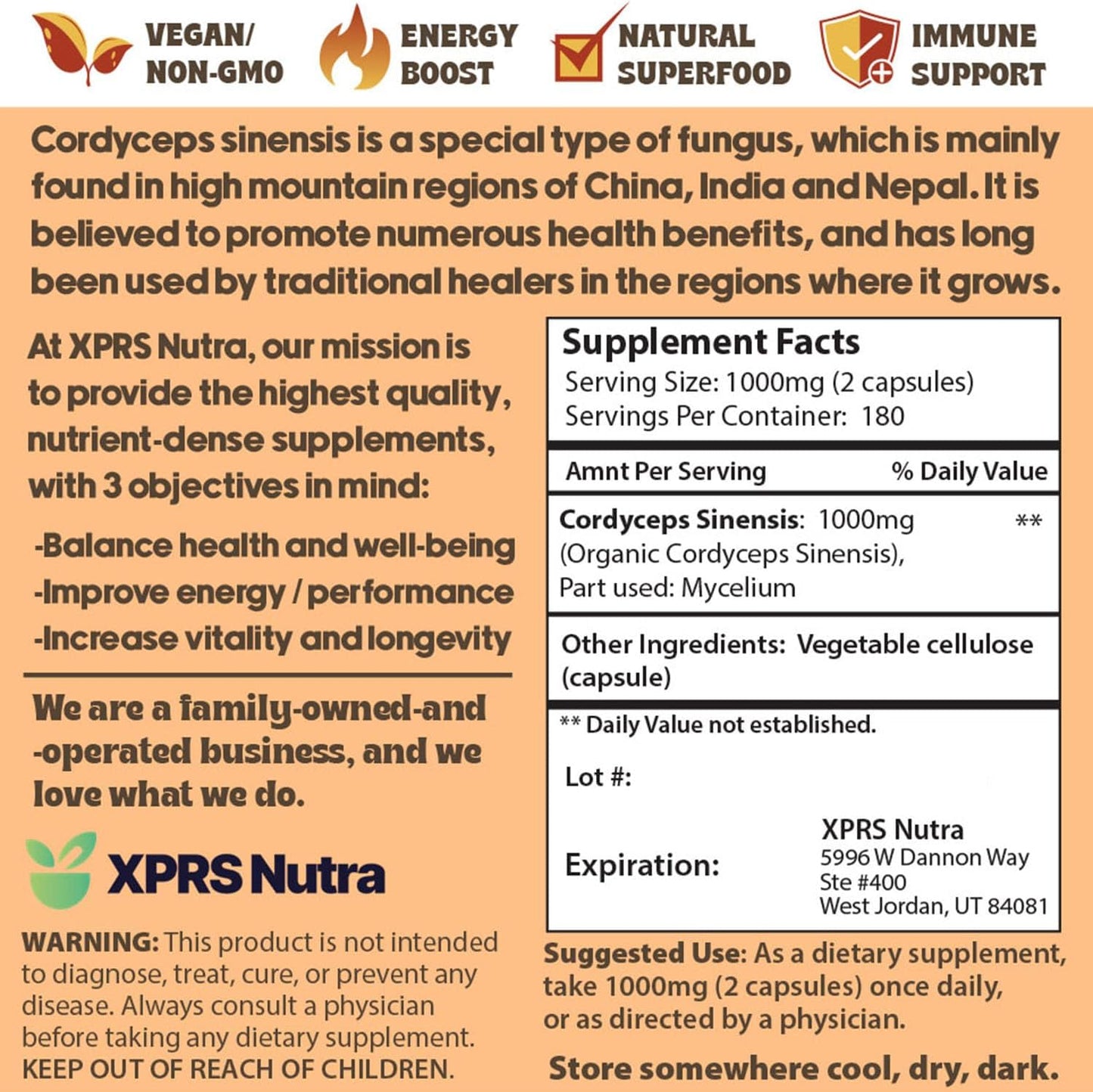 360 Count XPRS Nutra Cordyceps Mushroom Powder Capsules - 180 Day Supply - Premium Stamina and Performance Support - BoostGo Australia