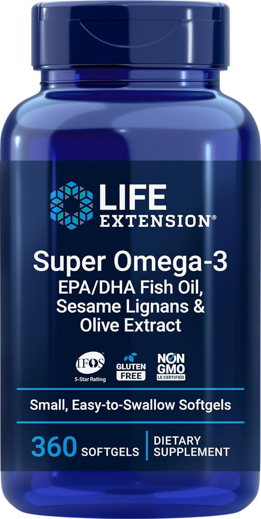 360 Easy-to-Swallow Super Omega-3 Softgels with EPA/DHA Fish Oil, Sesame Lignans, Olive Extract for Life Extension