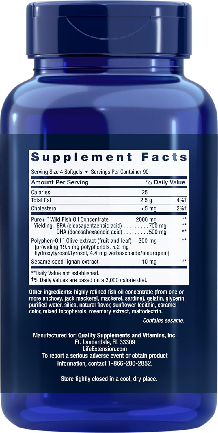 360 Easy-to-Swallow Super Omega-3 Softgels with EPA/DHA Fish Oil, Sesame Lignans, Olive Extract for Life Extension