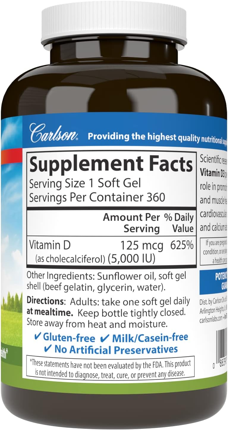 360 Soft Gel Carlson Vitamin D3 5,000 IU Supplement for Bone Health