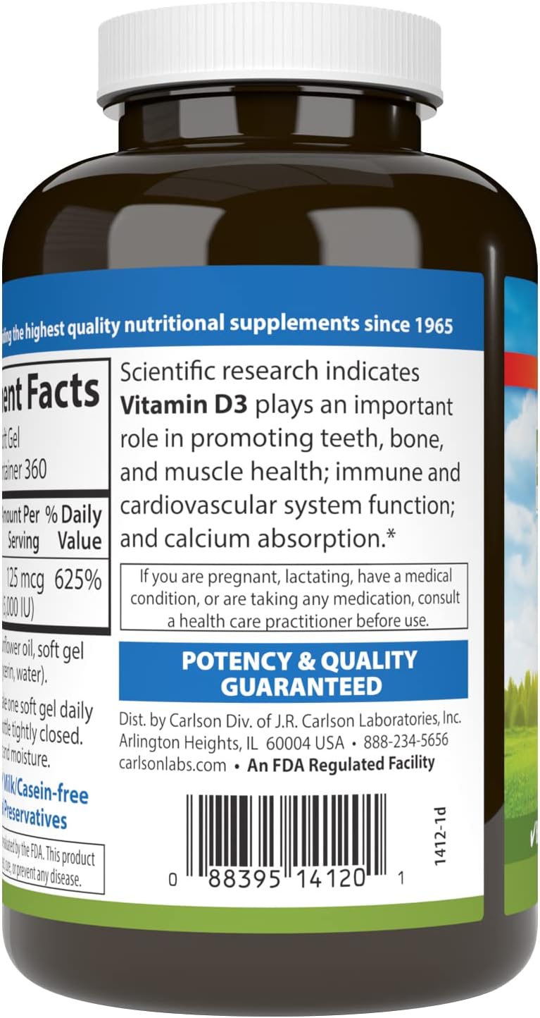 360 Soft Gel Carlson Vitamin D3 5,000 IU Supplement for Bone Health