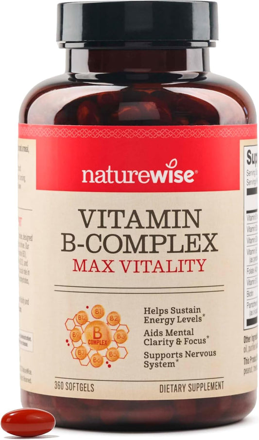 360 Softgels NatureWise Vitamin B Complex for Women and Men with Folic Acid, Biotin, B1, B2, B3, B6, B12 - Energy & Clarity Support - Non-GMO, Gluten & Dairy Free - 1-Year Supply - BoostGo Australia