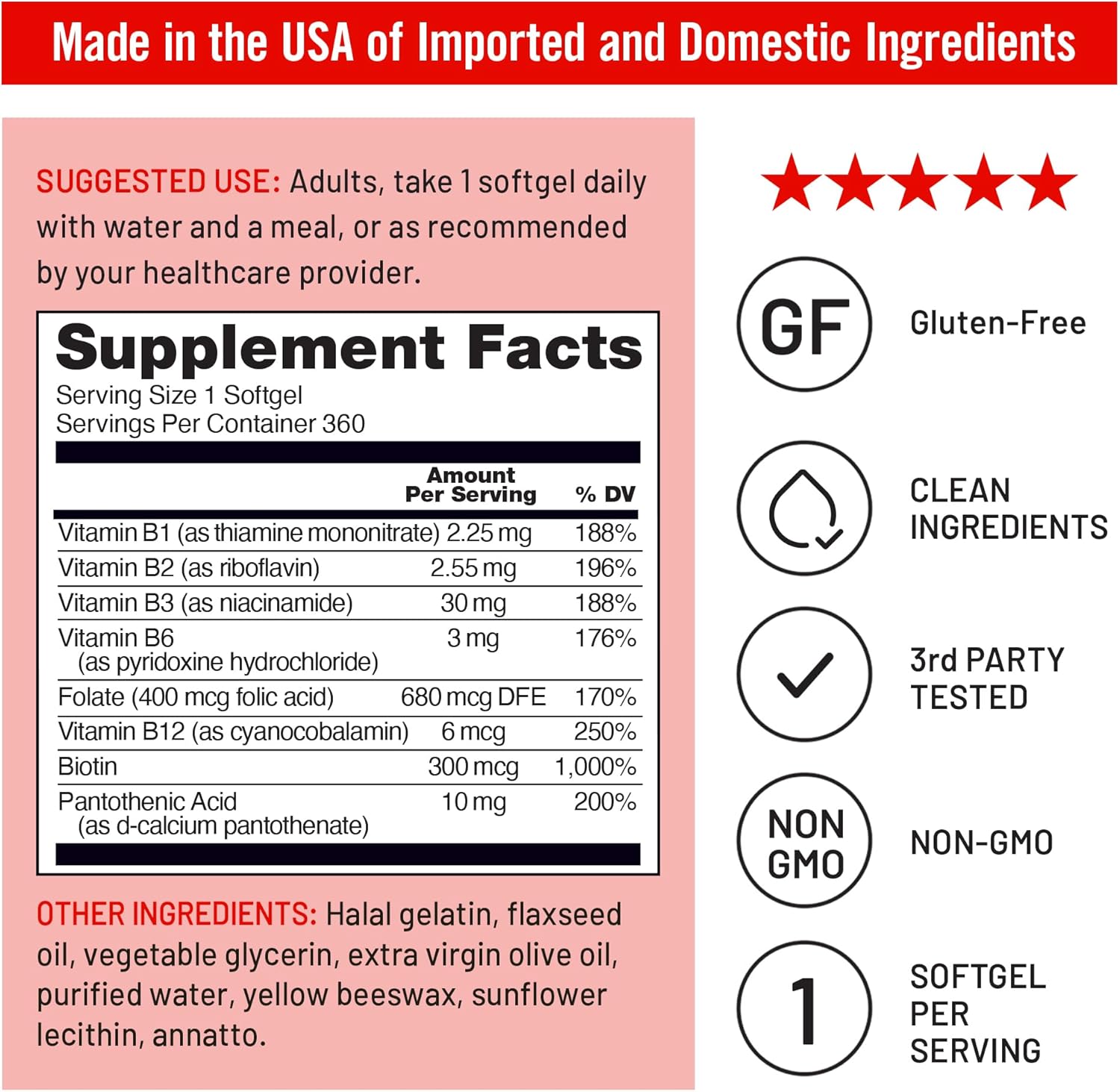 360 Softgels NatureWise Vitamin B Complex for Women and Men with Folic Acid, Biotin, B1, B2, B3, B6, B12 - Energy & Clarity Support - Non-GMO, Gluten & Dairy Free - 1-Year Supply - BoostGo Australia