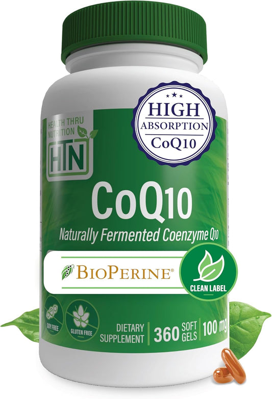 360 Softgels of Health Thru Nutrition CoQ-10 100mg with BioPerine | High Absorption USP Grade Coenzyme Q10 | Heart & Energy Support | Non-GMO | 3rd Party Tested