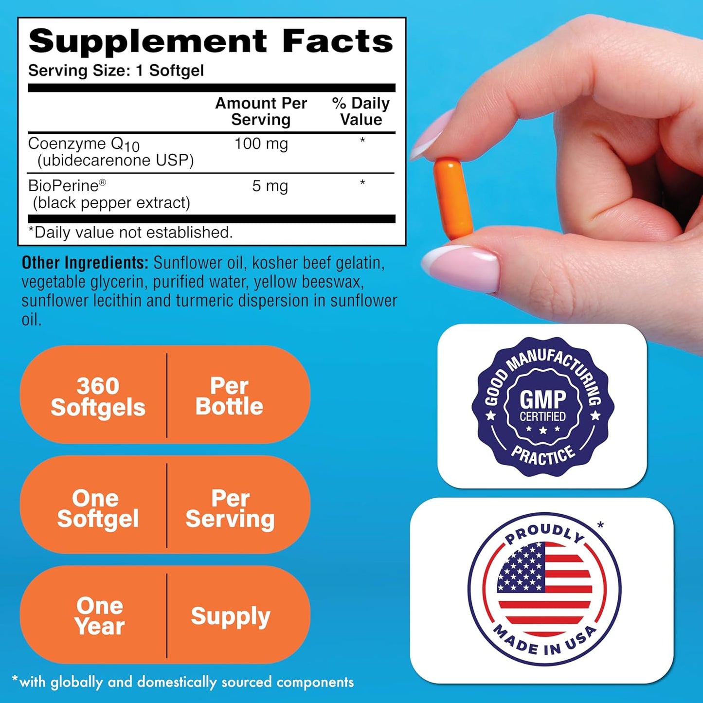 360 Softgels of Health Thru Nutrition CoQ-10 100mg with BioPerine | High Absorption USP Grade Coenzyme Q10 | Heart & Energy Support | Non-GMO | 3rd Party Tested