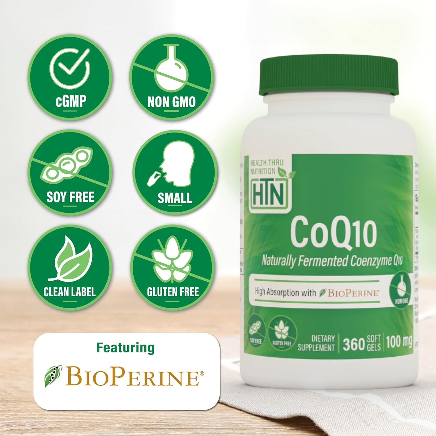 360 Softgels of Health Thru Nutrition CoQ-10 100mg with BioPerine | High Absorption USP Grade Coenzyme Q10 | Heart & Energy Support | Non-GMO | 3rd Party Tested