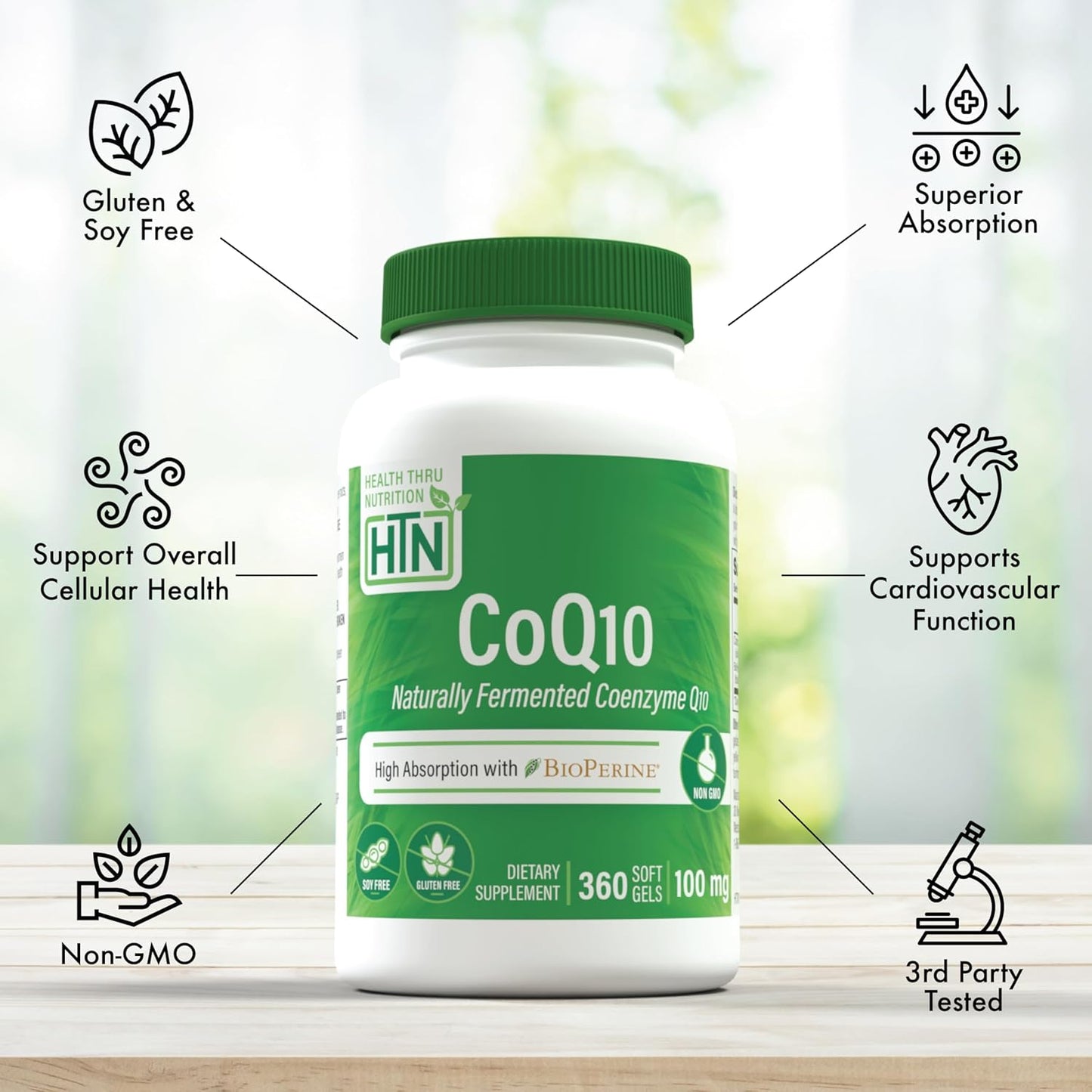 360 Softgels of Health Thru Nutrition CoQ-10 100mg with BioPerine | High Absorption USP Grade Coenzyme Q10 | Heart & Energy Support | Non-GMO | 3rd Party Tested