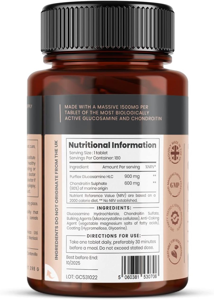 360 Tablets of Pureclinica 1500mg Glucosamine HLC and Chondroitin - 12 Months Supply with High Potency Chondroitin and Glucosamine HCL
