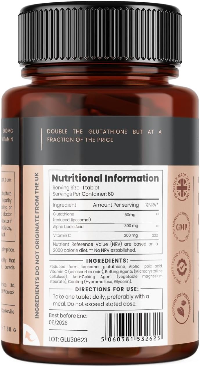 360 Tablets of pureclinica Glutathione Complex - 1000mg with ALA and Vitamin C - 6 Bottles of 60 Tablets each