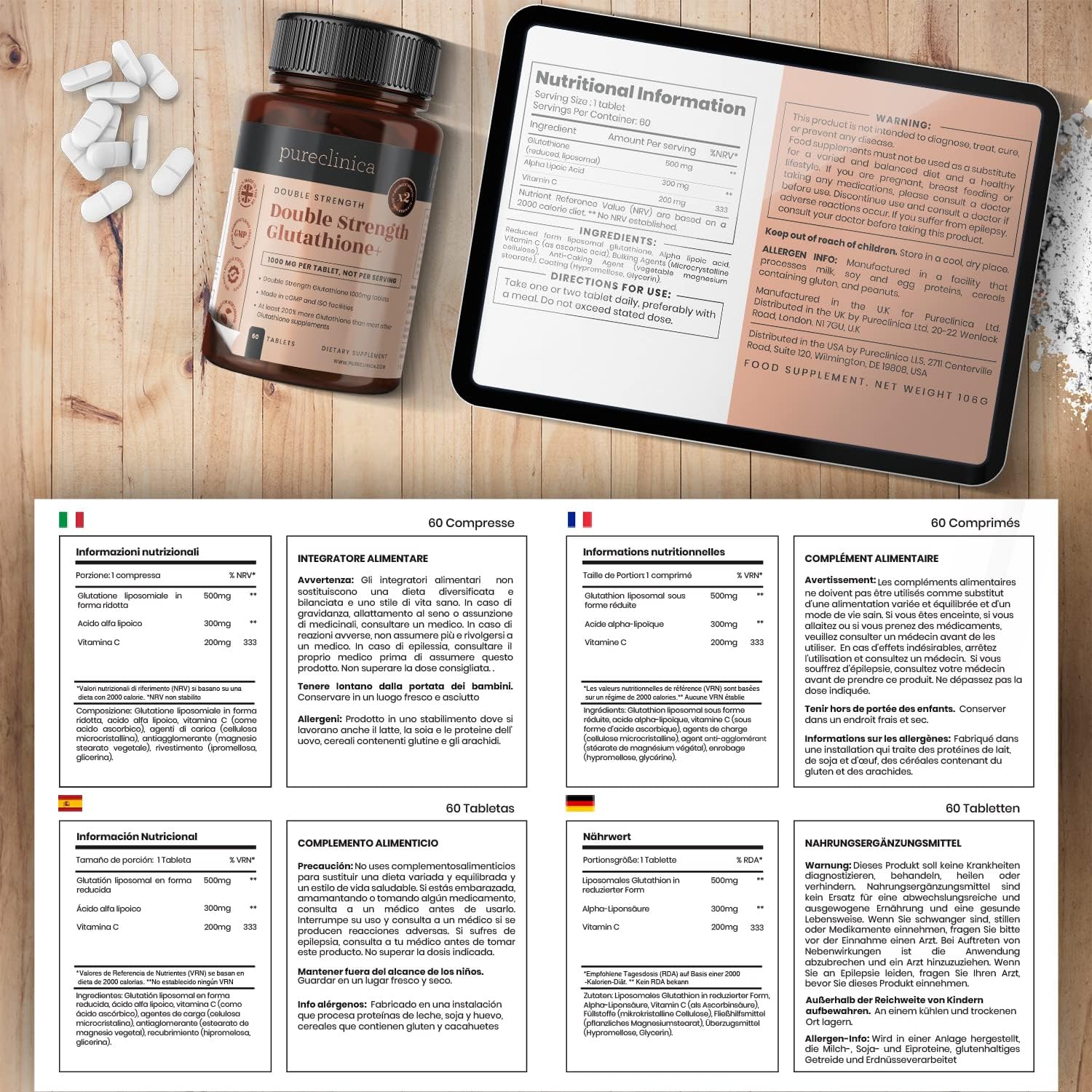 360 Tablets of pureclinica Glutathione Complex - 1000mg with ALA and Vitamin C - 6 Bottles of 60 Tablets each