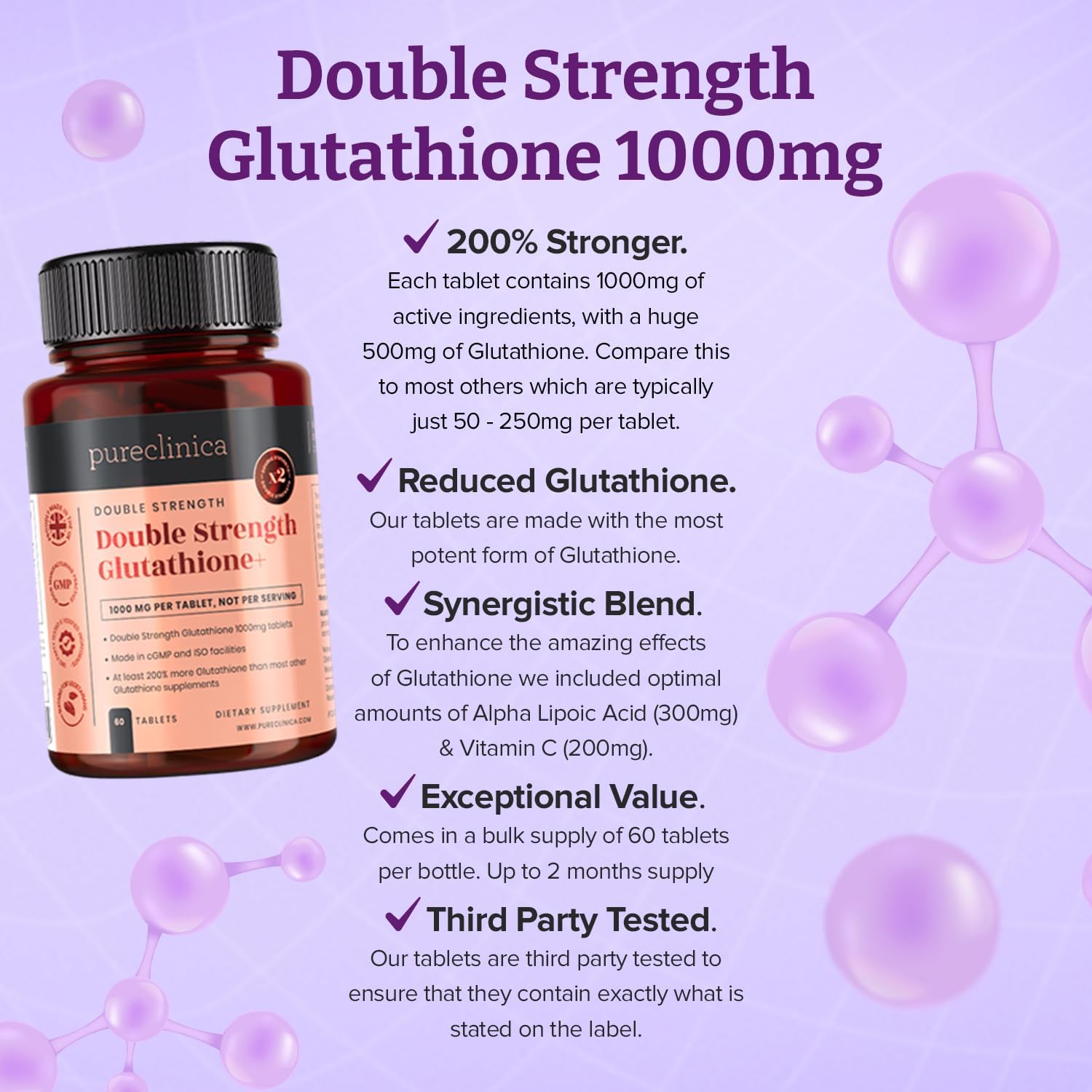 360 Tablets of pureclinica Glutathione Complex - 1000mg with ALA and Vitamin C - 6 Bottles of 60 Tablets each