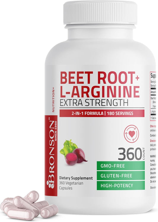 360 Vegetarian Capsules - Bronson Beet Root & L-Arginine for Nitric Oxide Support, Non-GMO