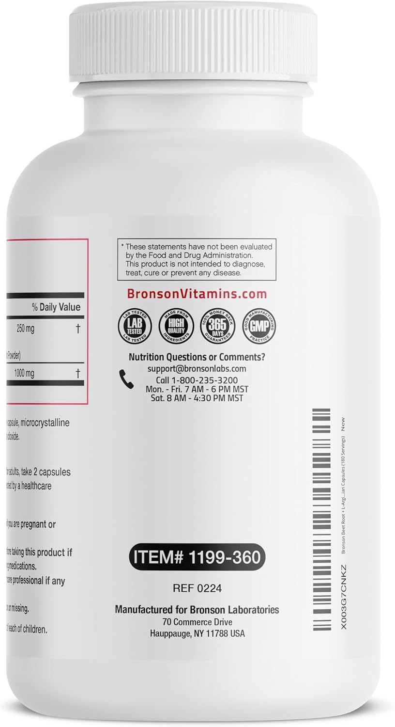 360 Vegetarian Capsules - Bronson Beet Root & L-Arginine for Nitric Oxide Support, Non-GMO