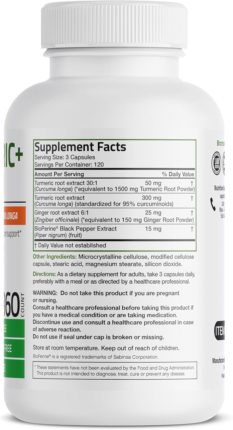 360 Vegetarian Capsules of Extra Strength Bronson Turmeric + Ginger for Joint Health & Digestion Support with BioPerine - BoostGo Australia